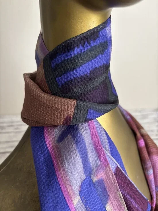 ECHO Purple Pink Brown Geometric Sheer 100% Silk Oblong Scarf 58" - Picture 2 of 7